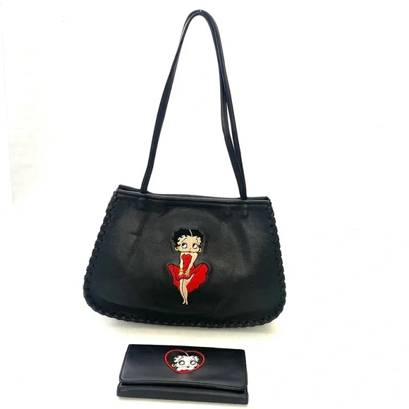 Betty Boop Leather Whip Stitch Embroidered Shoulder Tote w/Matching Wallet - Picture 2 of 16
